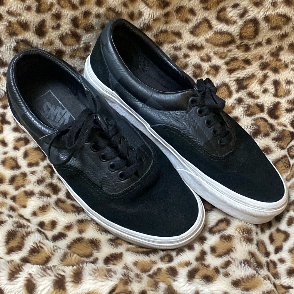 Vans Era Black Suede and Checkered Leather Shoes, Mens 7.5/Womens 9